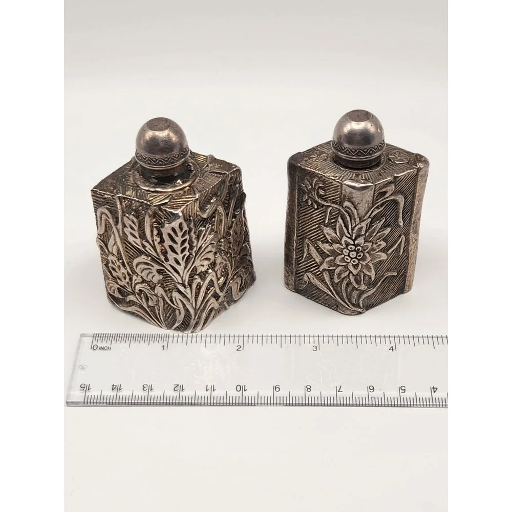 Vintage Silver Tone Repousse Floral Metal‎ Perfume Bottles Set of 2 Botanical - Picture 2 of 7